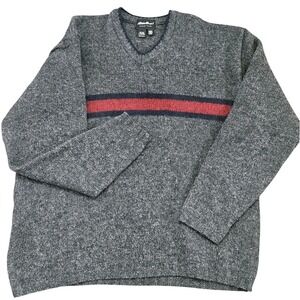 Vtg Eddie Bauer Mens Lg Tall Gray Wool Red Navy Stripe V Neck Sweater USA 90s